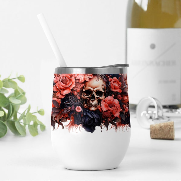 12 oz Wine Tumbler Wrap With Gothic Skull Halloween 12 oz Wine Tumbler Png With Flowers 12oz Tumbler Sublimation Designs For Halloween Party