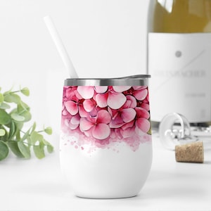 12 oz Wine Tumbler Wrap Designs With Pink Flowers, Hydrangea Png For Sublimation Designs, Wine Tumbler Template, Wedding 12 oz Tumbler Png