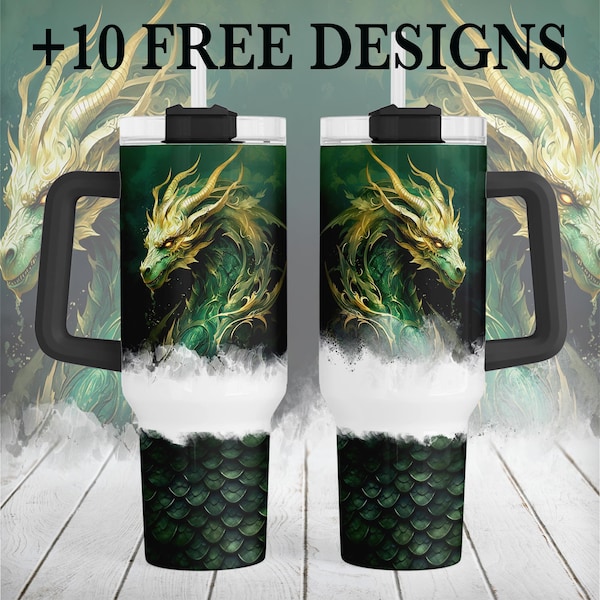 40 oz Tumbler Wrap With Dragon, Fantasy Sublimation Designs, New Year 2024 Png Files For 40 OZ Quencher Tumbler Template, Green Tumbler Png