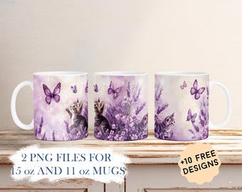 Floral Mug Wrap With Cat, Purple Lavender, Butterfly Mug Template, Sublimation Designs For 11 oz, 15 oz Mugs, Mother's Day Gift For Cat Mom