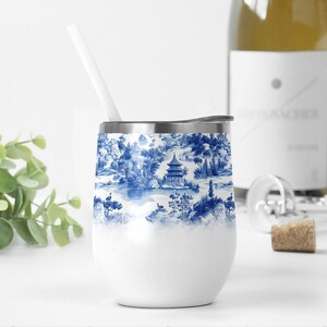 Wijnbeker Wrap Franse Toile de Jouy-wijnbeker Sjabloon Blauw Wit Chinoiserie Toile Png-sublimatieontwerpen voor 12 oz wijnbekers
