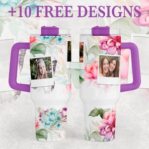 40 oz Picture Tumbler Wrap With Purple Butterflies Quencher Tumbler Png Sublimation Design Personalized Tumbler Template With 3 Photo Frames