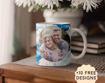 Personalized Photo Mug Wrap With One Frame, 15 oz, 11 oz Picture Mug Sublimation Designs, Blue, White Coffee Mug Template With Butterflies