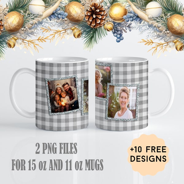 Photo Mug Wrap For 4 Pictures 15 oz, 11 oz Mugs, Custom Mug Wrap Sublimation Designs, Coffee Mug Template With 4 Photo Frames, Gift For Her