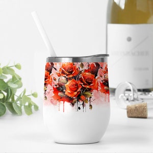 Disegni per avvolgere bicchieri da vino con rose rosse, file PNG per disegni a sublimazione per bicchieri da vino da 12 once, modello floreale per avvolgere bicchieri da vino