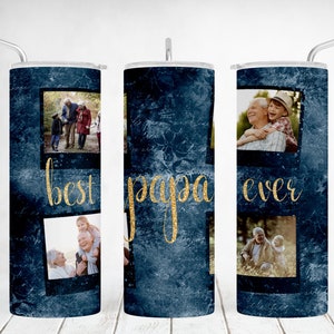 May include: Three stainless steel tumblers with a blue and white marble design. The tumblers have gold glitter lettering that says "best", "papa", and "ever". Each tumbler has a photo of a family member in a black frame.