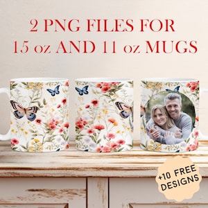Personalisierte Fotobecherverpackung, Bildbecher-Sublimationsdesign mit Wildblumen, 15 Unzen 11 Unzen Schmetterlingskaffeetasse Png, individuelles Geschenk für Oma