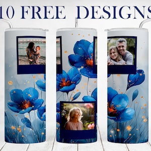 Picture Tumbler Wrap With 3 Frames, Photo Tumbler Png, Blue Flowers Sublimation Designs For 20 OZ Cups, Personalised Gifts For Grandma