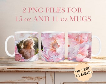 Photo Mug Wrap, Sublimation Designs For 15oz, 11oz, Picture Mug Png, Coffee Mug Template With Pink Flowers, Mothers Day Gifts For Mom