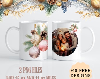 Personalised Mug Wrap For One Picture 15 oz 11 oz Mug Sublimation Design Christmas Photo Mug Png With Pink Baubles Photo Coffee Mug Template