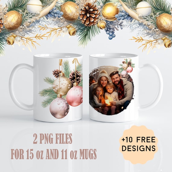 Personalised Mug Wrap For One Picture 15 oz 11 oz Mug Sublimation Design Christmas Photo Mug Png With Pink Baubles Photo Coffee Mug Template