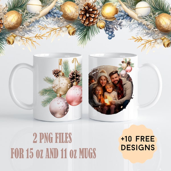 Custom Mug Wrap For One Picture, 15 oz, 11 oz Mug Sublimation Designs, Christmas Photo Mug Png With Pink Baubles, Photo Coffee Mug Template