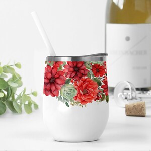 Disegni per avvolgere bicchieri da vino con fiori rossi, bicchiere da vino in formato PNG, disegno a sublimazione, modello floreale per bicchiere da vino da 12 once, regalo per gli amanti del vino