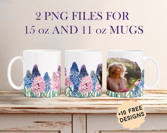 Grandma Photo Mug Wrap For Single Picture, Mug Png For 11 oz, 15 oz, Mug Wrap With Hyacinth, Sublimation Designs, Photo Coffee Mug Template