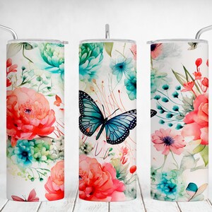 Schmetterlings-Tumbler-Verpackungspng mit roten Blumen-Tumbler-Sublimations-Entwürfen für 20 Unzen-dünne Schalen-nahtlose Sommer-Tumbler-Schablone digitales Produkt