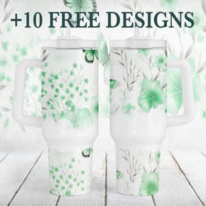 Butterfly Tumbler Wrap, 40 oz Summer Tumbler Sublimation Designs, Green Stanley Tumbler Png With Wildflower, Unique Gift For Grandma