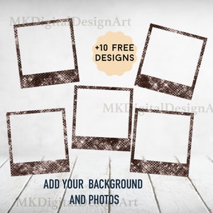 May include: Five brown glitter photo frames with a white background. The frames are arranged in a staggered pattern. The text "ADD YOUR BACKGROUND AND PHOTOS" is at the bottom of the image.