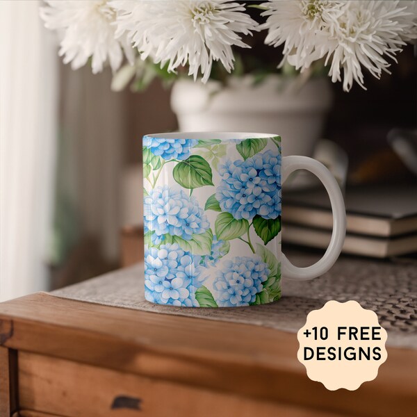 Mug Wrap With Blue Flowers, 15 oz, 11 oz Floral Mug Wrap Png For Sublimation Designs, Coffee Mug Template With Hydrangea, Gift For Grandma