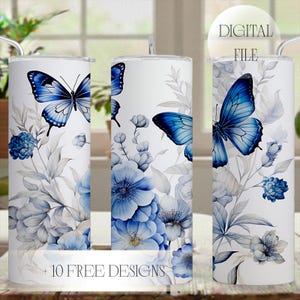 Tumbler Wrap Designs With Butterfly White Blue Flower PNG Files Sublimation Designs Downloads For 20oz Skinny Cups Seamless Straight Tapered image 1