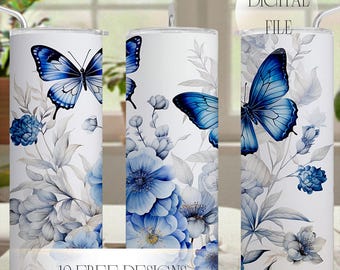 Tumbler Wrap Designs With Butterfly White Blue Flower PNG Files Sublimation Designs Downloads For 20oz Skinny Cups Seamless Straight Tapered