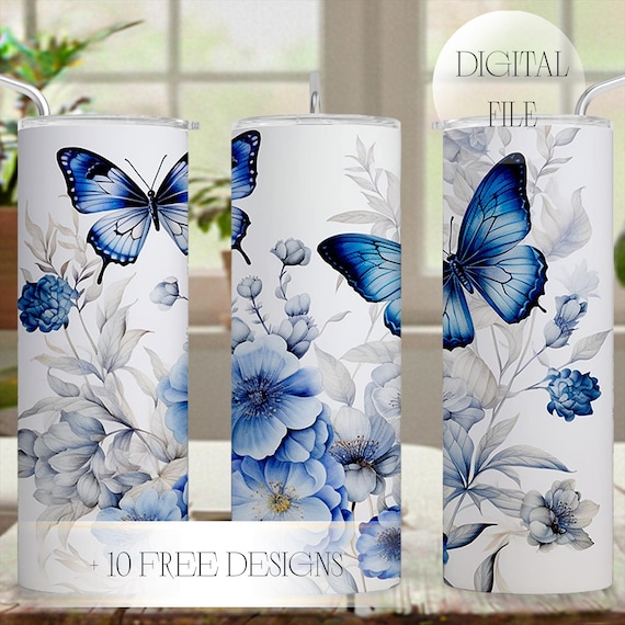 Tumbler Wrap Designs With Butterfly White Blue Flower PNG Files Sublimation Designs Downloads For 20oz Skinny Cups Seamless Straight Tapered