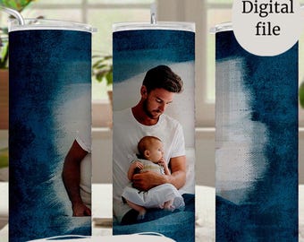 20oz Tumbler Wrap With Single Photo, Custom Tumbler Sublimation Designs, Blue, Seamless, Christmas Personalized Gifts For New Dad