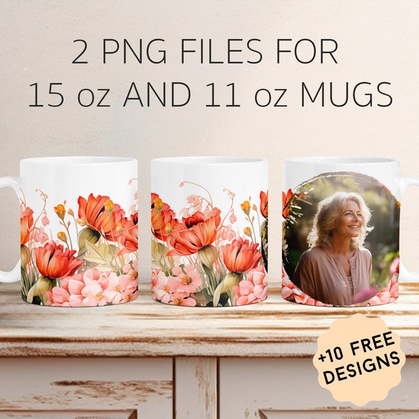 Photo Mug Wrap For Single Picture, Mug Png For 11 oz Cups, Red Flowers 15 oz Mug Wrap For Sublimation Designs, Photo Coffee Mug Template