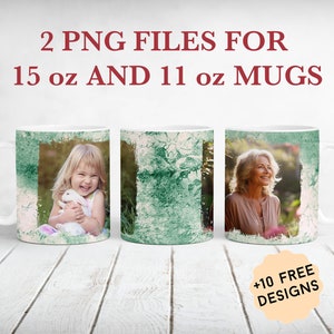 Modèle de tasse photo avec 2 cadres pour grand-mère 15 oz et 11 oz dans une tasse avec image, fichiers PNG pour sublimation Modèle de tasse à café verte