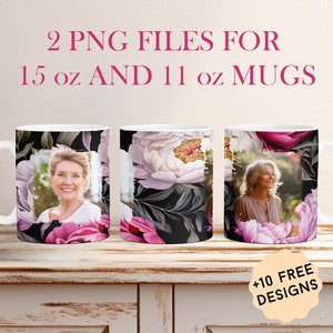Foto Vorlage Becher mit 2 Rahmen für Oma 15 Unze und 11 Unze Bild Mug Wrap Png-Dateien für Sublimationsdesigns Pfingstrose Kaffeetasse Vorlage