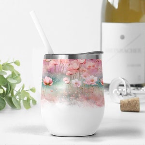 12 oz Wine Tumbler Wrap With Blue Pink Flowers, Wedding Wine Tumbler Png For Sublimation Designs, Floral Tumbler Template, 12 oz Wine Cup