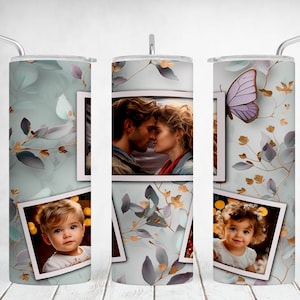 Gobelet photo png avec papillon, gobelet photo personnalisé en sublimation, modèle de gobelet maigre sans couture de 20 oz, cadeau grand-mère personnalisé