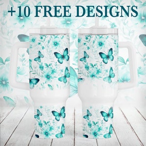 Copo de flores PNG para sublimação de copos de 40 oz, design de embalagem de copo de borboletas, azul-petróleo, modelo de copo de 40 oz branco, presente para mãe