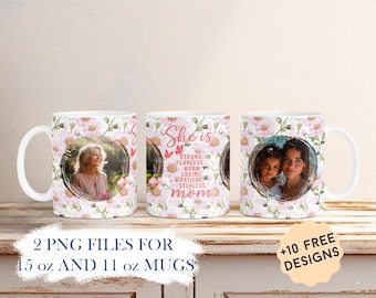 Diseños de sublimación de tazas para el Día de la Madre, plantilla de taza con dos marcos, taza de café floral PNG, regalo personalizado para mamá
