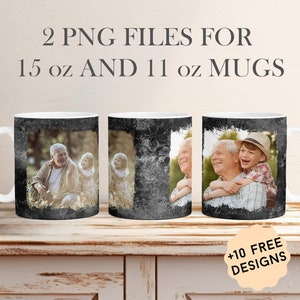 Tazza modello foto con 2 cornici per papà 15 oz e 11 oz Immagine uomo Avvolgi la tazza File Png per disegni a sublimazione Modelli di tazza da caffè nera