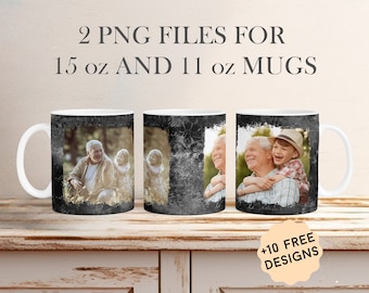 Photo Template Mug With 2 Frames For Dad 15 oz and 11 oz Men Picture Mug Wrap Png Files For Sublimation Designs Black Coffee Mug Templates