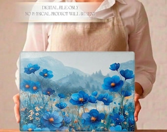 May include: A rectangular art print featuring a field of blue flowers with yellow centers, set against a backdrop of blue mountains and a light blue sky. The print has the text: DIGITAL FILE ONLY, NO PHYSICAL PRODUCT WILL BE SENT.