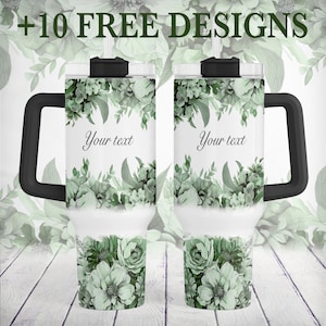 40-Unzen-Becher-Png-Datei mit grünen Blumen, kundenspezifisches 40-Unzen-Becher-Sublimationsdesign, fügen Sie Ihren Text, Namen, Floral Quencher Tumbler-Vorlage hinzu
