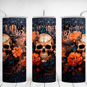 Skull Tumbler Wrap With Red Flowers, Black Glitter Tumbler Sublimation Designs, Gothic Tumbler Png For 20 OZ Skinny Cup Seamless Template