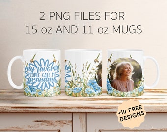 Grandma Photo Mug Wrap, Mother Day Mug Png For 11oz, 15oz, Customised Mug Sublimation Designs, Photo Coffee Mug Template With Blue Flowers