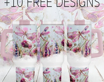 40oz Tumbler Wrap With Dragonflies, Sublimation Designs For 40oz Cups, Floral Stanley Tumbler Template With Watercolor Flowers, Mom Gifts