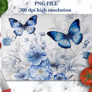 Planche à découper png, Motifs par sublimation, modèle de planche à découper en verre avec papillon, fleurs bleues, conception de planche à découper en verre, cadeaux pour maman