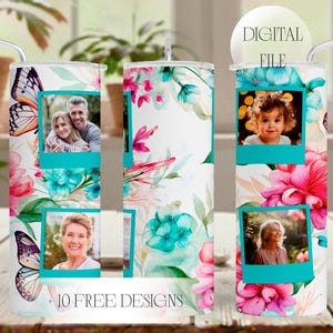 Può includere: Un bicchiere cilindrico con sfondo bianco, motivi floreali ad acquerello in rosa e turchese, illustrazioni di farfalle e cornici con bordo turchese contenenti foto di persone. Il testo riporta DIGITAL FILE e 10 FREE DESIGNS.