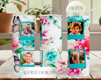 May include: A cylindrical tumbler featuring a white background with watercolor floral patterns in pink and teal, butterfly illustrations, and teal-bordered frames containing photographs of people. The text reads DIGITAL FILE and 10 FREE DESIGNS.