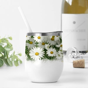 Madeliefje beker wrap ontwerpen, 3D bloem png voor sublimatie ontwerpen downloads, bloemen wijnbeker sjabloon, zomer wijn beker png