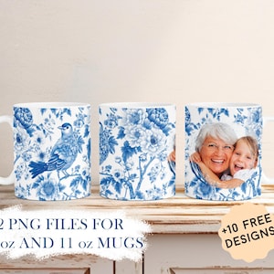 Caneca com foto, moldura para fotos, caneca png para copos de 11 oz, designs de sublimação de canecas de 15 oz, caneca com foto png com flores azuis, pássaros, caneca personalizada