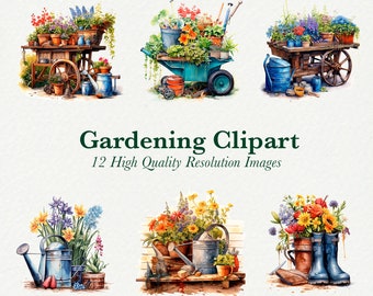 Gardening Clipart Bundle, Watercolor Flowers Clipart, Garden Tools Illustration Bundle, Gardening Graphics, Scrapbooking, Digital Prints