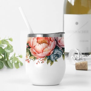 12 oz Wine Tumbler Wrap Designs, Flowers Wine Cup Png For Sublimation Designs, Pink Floral Wine Cup Template, 12 oz Tumbler Png With Peonies