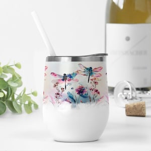 Envoltura para vaso de vino de 12 oz con libélula, archivo Png de flores de acuarela para diseños de sublimación del Día de la Madre, Plantilla de vaso de vino floral