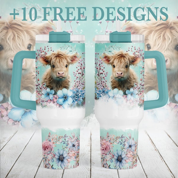 40 oz Tumbler Wrap With Highland Cow, Sublimation Designs, Cow Png For 40 OZ Quencher Tumbler Template, Teal Tumbler Png With Pink Flowers