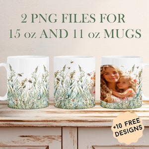 Fotobecher Wrap für 1 Bild Personalisierter Becher Png für 11 Unzen 15 Unzen Wildblumen Becher Sublimationsdesign Kaffeetassenvorlage Benutzerdefinierte Fototasse Png